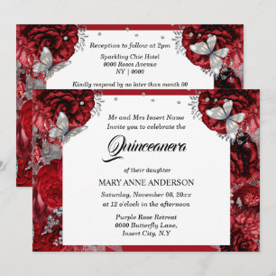 Invitation Papillon rouge argent élégant rose quinceanera