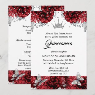 Invitation Papillon rouge argent tiara bleu rose quinceanera