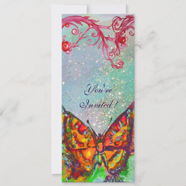 Invitation PAPILLON ROUGE DANS PAILlettes BLEU VERT TEAL OR (Devant)