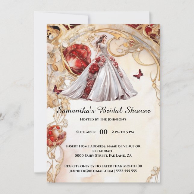 Invitation Papillon rouge floral rose mariée 2 être douche nu (Devant)