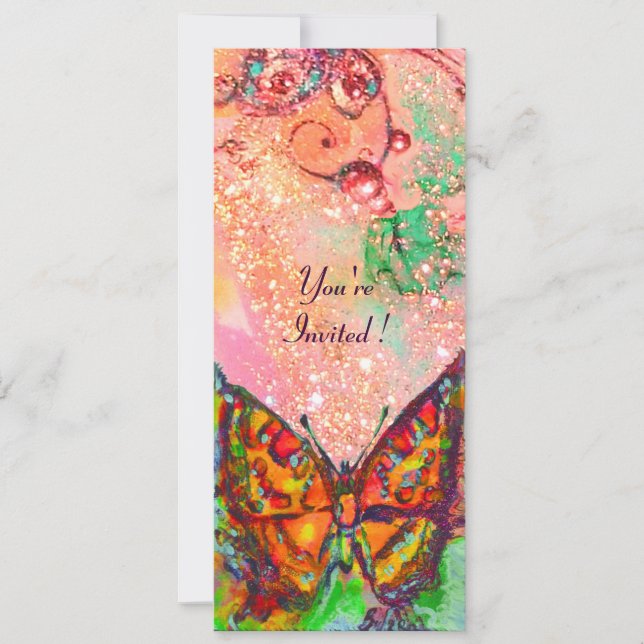 Invitation PAPILLON ROUGE FUCHSIA ROSE OR Fleur Sweet 16 (Devant)
