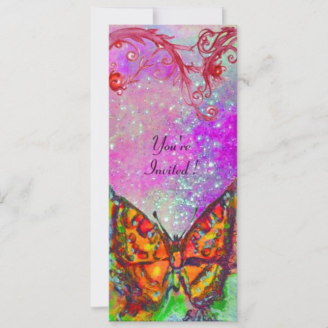Invitation PAPILLON ROUGE ROSE VIOLET OR Fleur pour Sweet 16 (Devant)