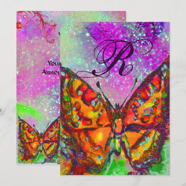 Invitation PAPILLON ROUGE ROSE VIOLET OR JAUNE Douze ans (Devant / Derrière)