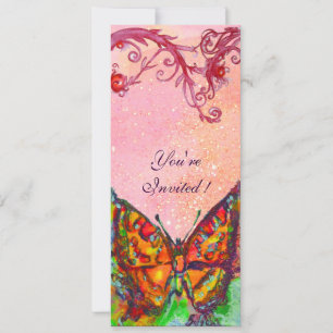 INVITATION PAPILLON ROUGE TOURBILLONS FUCHSIA ROSE, PAILLETTE