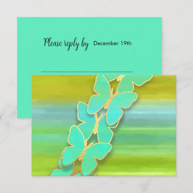 Invitation Papillon RSVP bleu vert jaune aquarelle (Devant / Derrière)