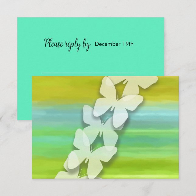 Invitation Papillon RSVP bleu vert jaune aquarelle (Devant / Derrière)