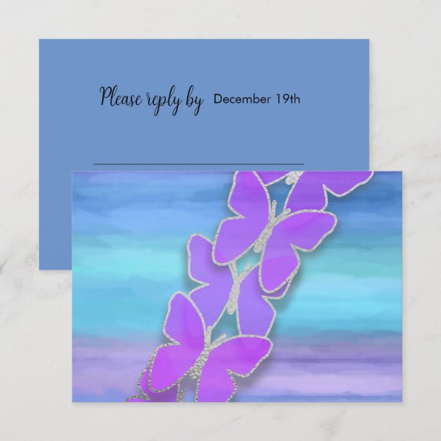 Invitation Papillon RSVP Turquoise Purple Aquarelle (Devant / Derrière)
