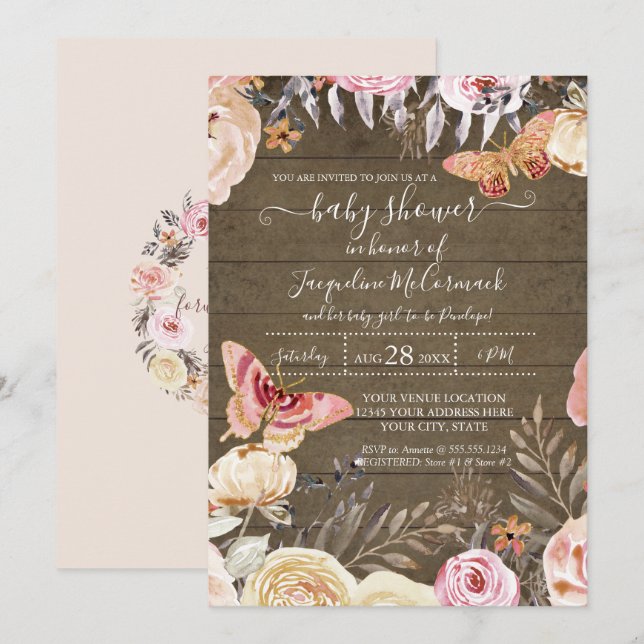 Invitation Papillon Rustique Bois Aquarelle rose Rose Floral (Devant / Derrière)