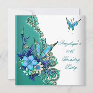 Invitation Papillon sarcelle bleue florale or blanc Party