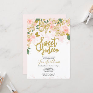 Invitation papillon Sweet 16 Floral rose gold