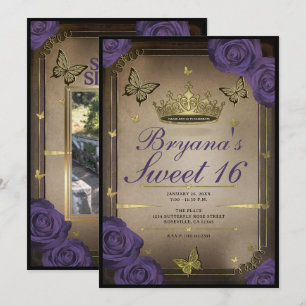Invitation Papillon Tiara Or Couronne Papillon Fleurs Roses V