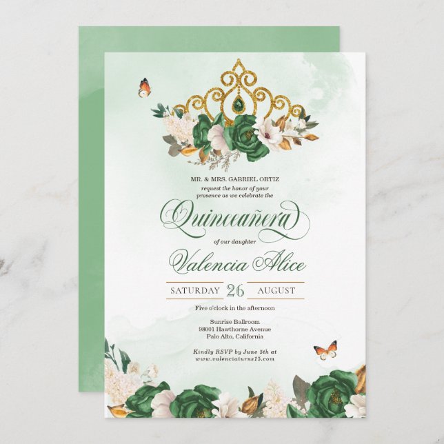 Invitation Papillon Tiara Rose vert Quinceanera (Devant / Derrière)