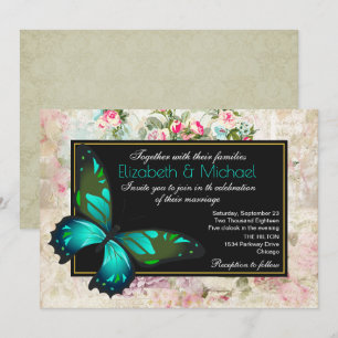 Invitation Papillon Vert sur un Mariage Collage Vintage