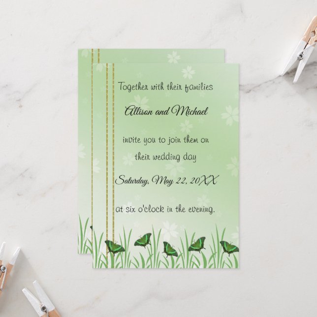 Invitation Papillon vert sur vert clair - mariage (Devant/Arrière en situation)