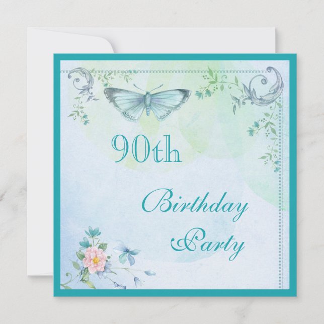 Invitation Papillon Vintage, fleurs et perles 90e anniversair (Devant)
