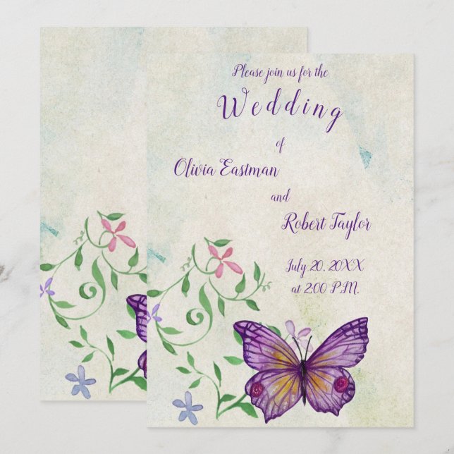 Invitation Papillon violet à aquarelle personnalisé (Devant / Derrière)