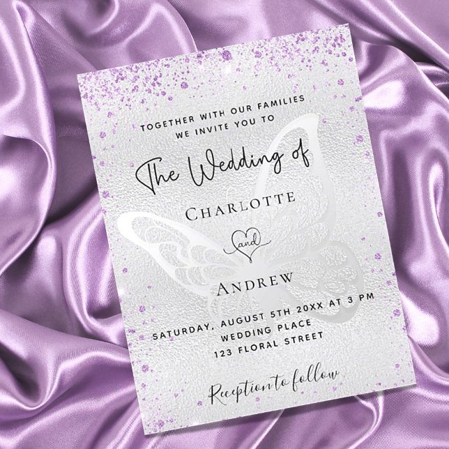 Invitation Papillon violet argenté élégant mariage (Créateur téléchargé)