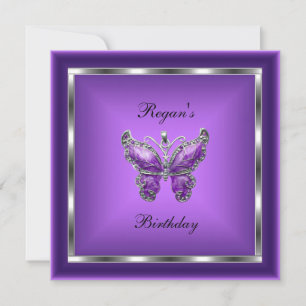 Invitation Papillon Violet Bijou Argent Élégant Anniversaire