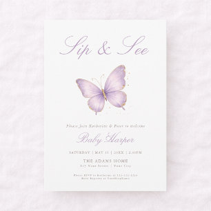 Invitation Papillon Violet Élégant Sip and See