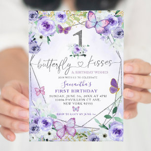 Invitation Papillon violet en argent Baisers fille premier an
