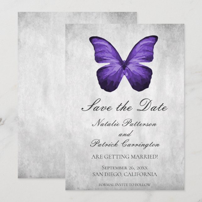 Invitation Papillon violet Enregistrer l'Invitation de date (Devant / Derrière)