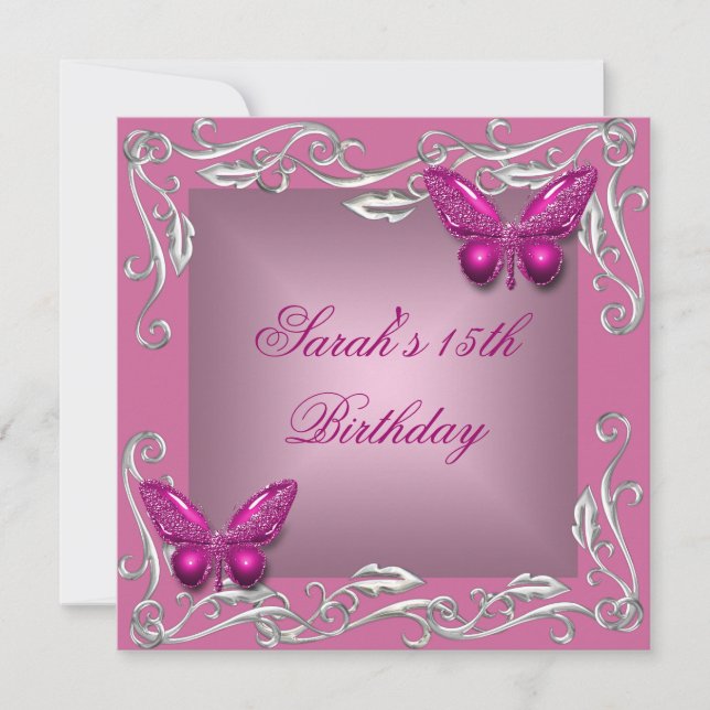 Invitation Papillons 15e anniversaire fête Fleur rose argent (Devant)