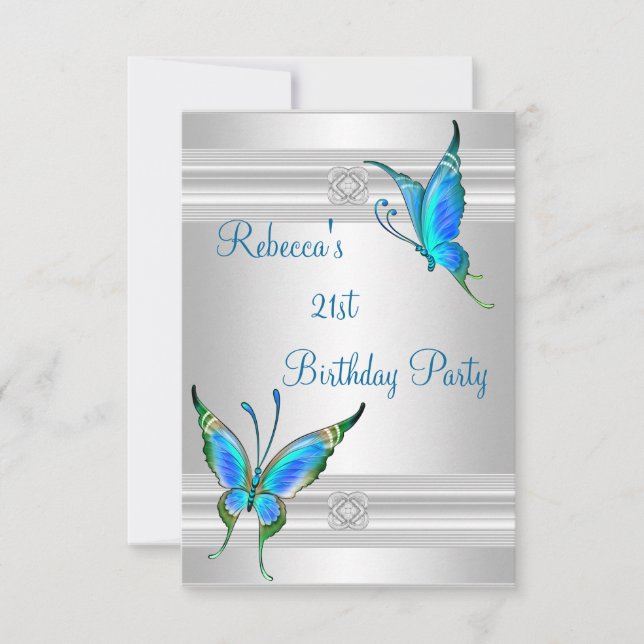 Invitation Papillons 21e fête d'anniversaire Blanc Argent Tur (Devant)