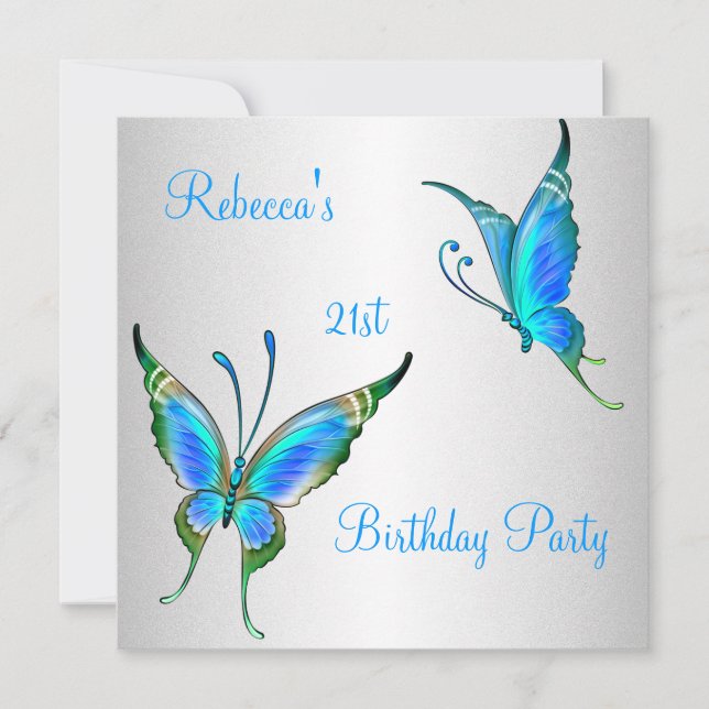 Invitation Papillons 21e fête d'anniversaire Bleu Blanc (Devant)