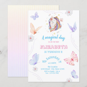 Invitation Papillons à licorne magique rayé Anniversaire