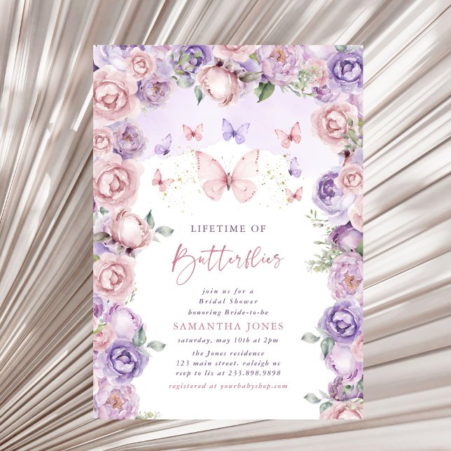 Invitation Papillons à vie Fête des mariées rose violet (Créateur téléchargé)