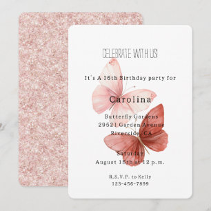 Invitation Papillons Anniversaire Paillettes Rose Rouge