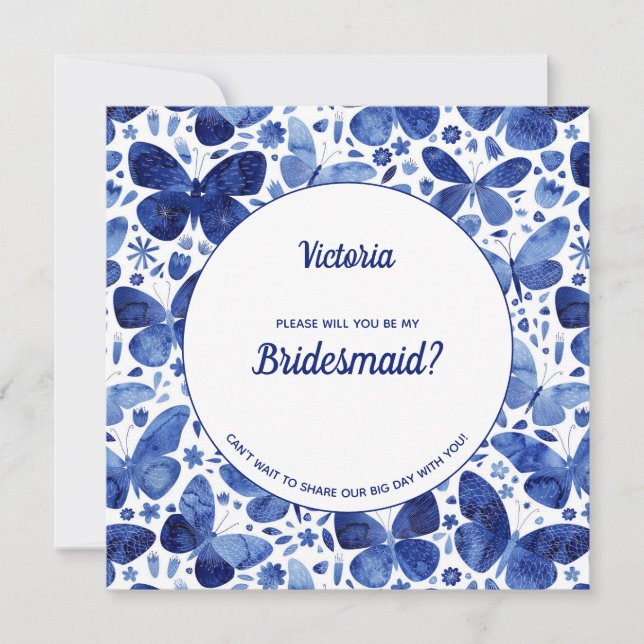 Invitation Papillons Aquarelle Bleu Be My Bridesmaid (Devant)