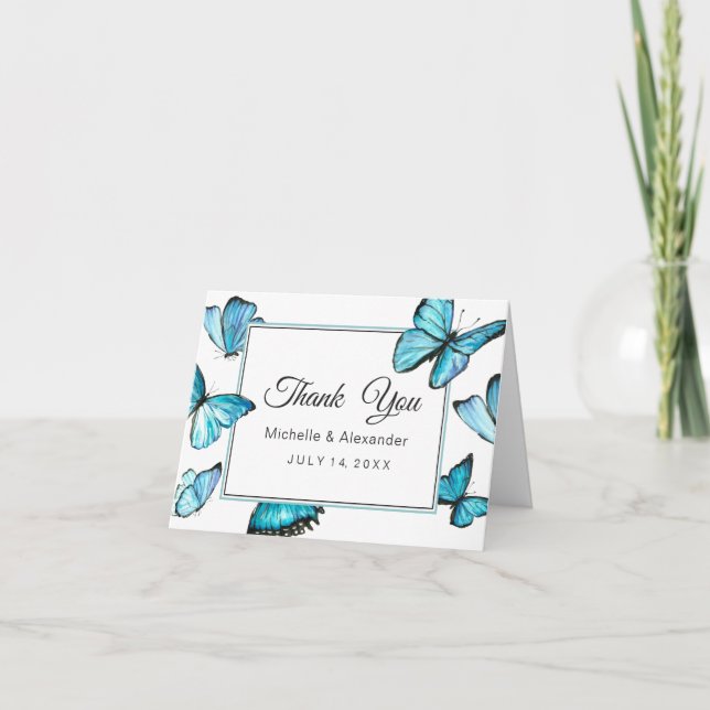 Invitation Papillons aquarelle bleue mariage remerciement (Devant)
