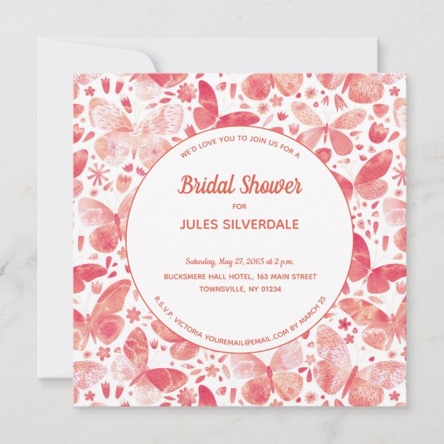 Invitation Papillons Aquarelle Corail Fête des mariées rose (Devant)