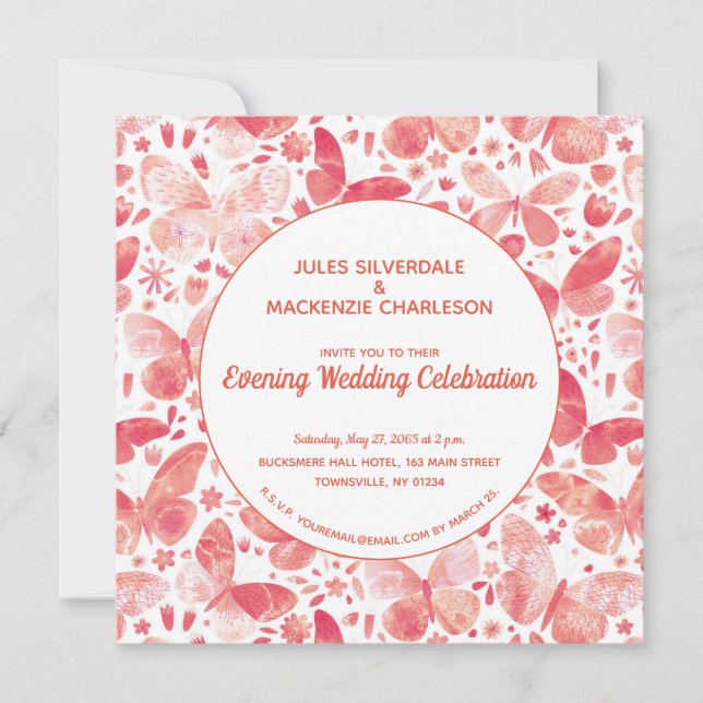 Invitation Papillons Aquarelle Corail Rose Soirée (Devant)