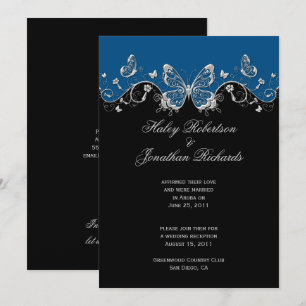 Invitation Papillons Argent Noir Bleu Après-Mariage
