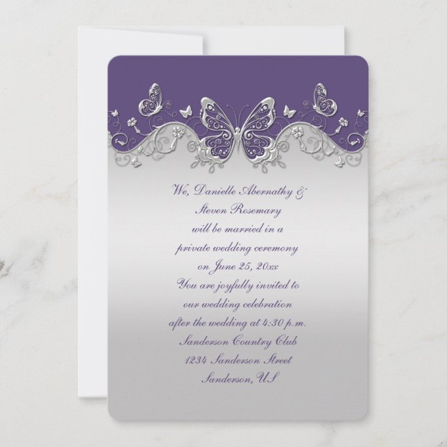 Invitation Papillons Argent Violet Poussiéreux Réception Uniq (Devant)