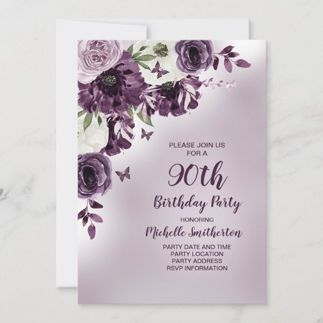 Invitation Papillons aux fleurs blanches violettes 90e annive (Devant)