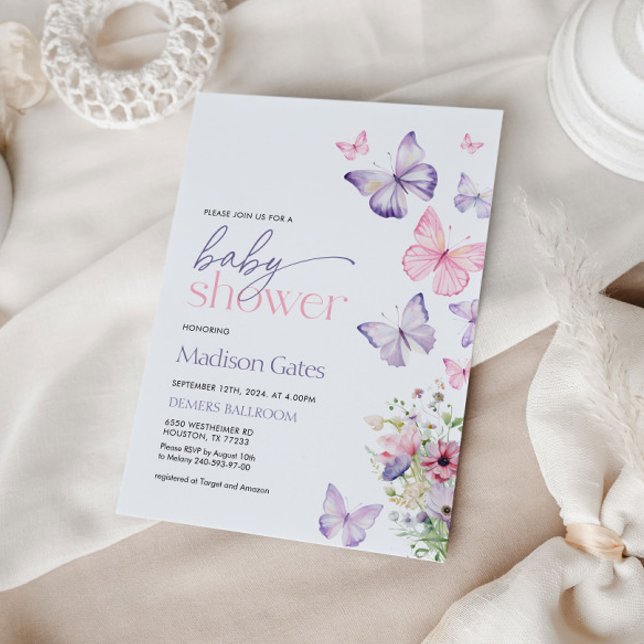 Invitation Papillons baby shower rose et pourpre (Créateur téléchargé)