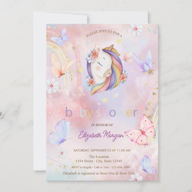Invitation Papillons Baby shower Unicorne Floral (Devant)
