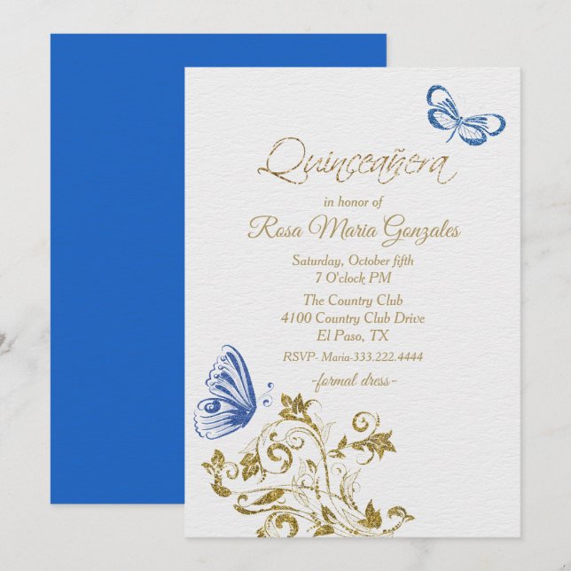 Invitation Papillons bleus Chic Quinceanera (Devant / Derrière)