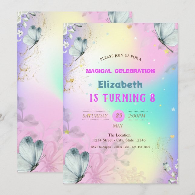 Invitation Papillons bleus Colorée Holographique Anniversaire (Devant / Derrière)