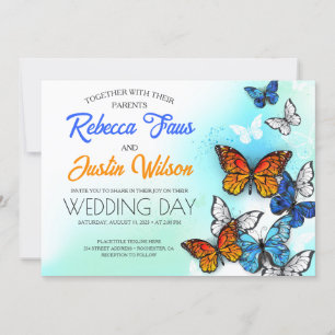 Invitation Papillons bleus et orange Morpho Monarque