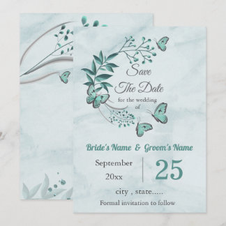 Invitation papillons bleus feuilles floral enregistrer la dat