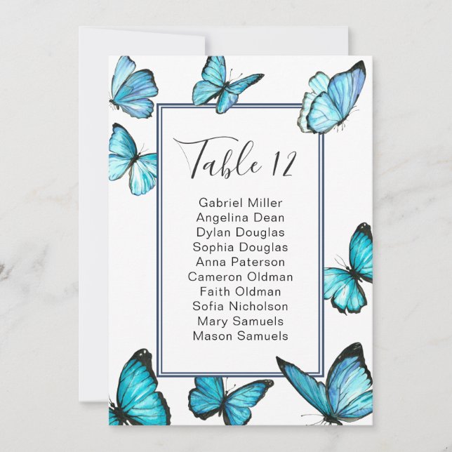 Invitation Papillons bleus. Plan de table de mariage élégant (Devant)