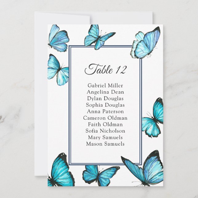 Invitation Papillons bleus. Plan de table de mariage simple (Devant)
