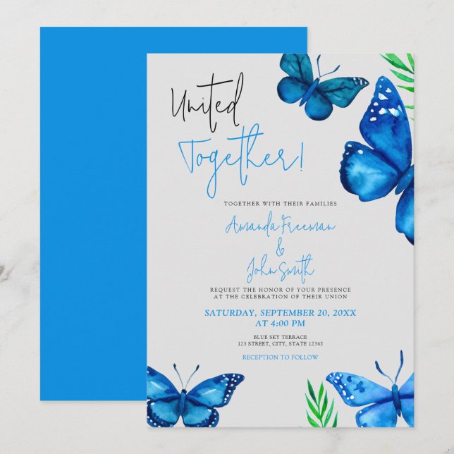 Invitation Papillons bleus vibreux et Mariage Plante (Devant / Derrière)