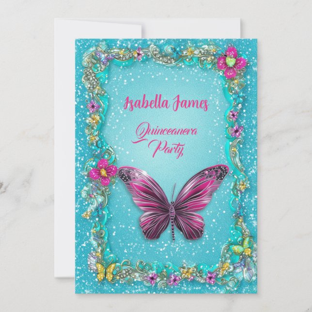 Invitation papillons colorés floral turquoise magenta chic (Devant)