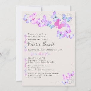 Invitation Papillons Confettis Argent Quinceanera et Messe
