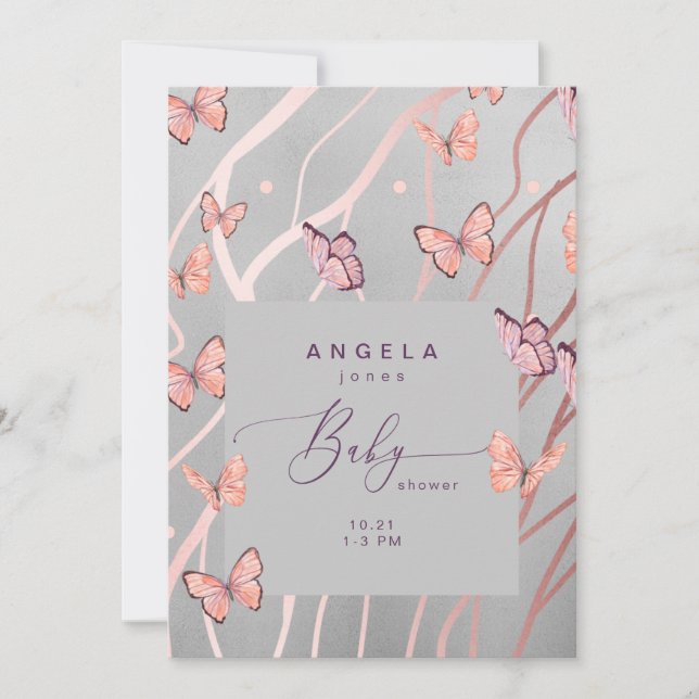 Invitation Papillons dans le Baby shower de l'Argent (Devant)